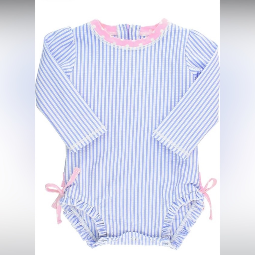 Rufflebutts Long Sleeve Seersucker Swim With Coordinating Hat - worn only once!